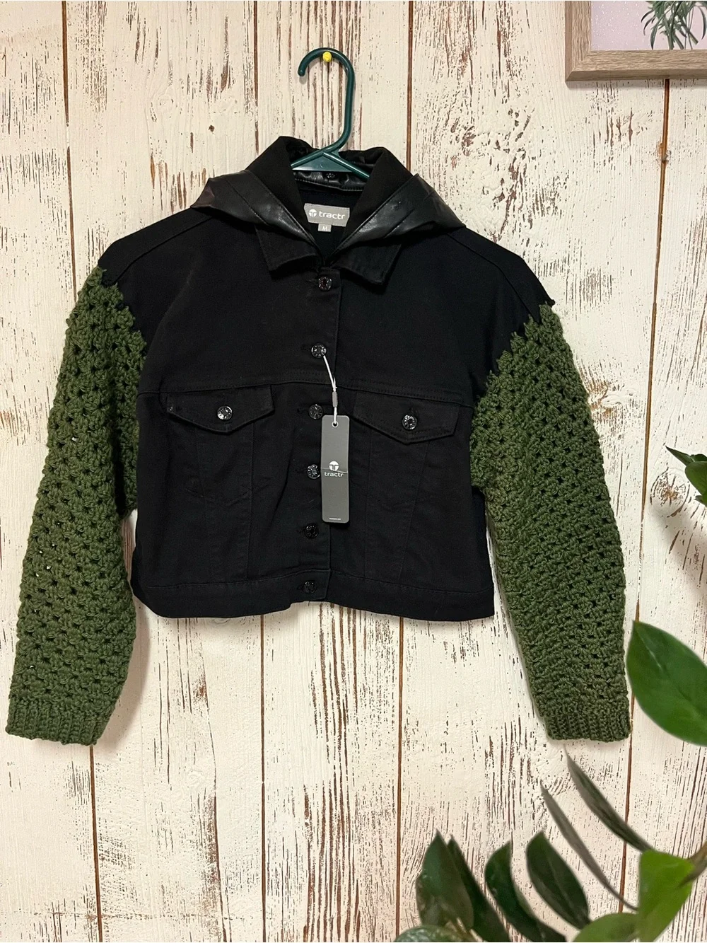 Tractr Black Jean Jacket with Olive Crochet Sleeves and Hooded Collar